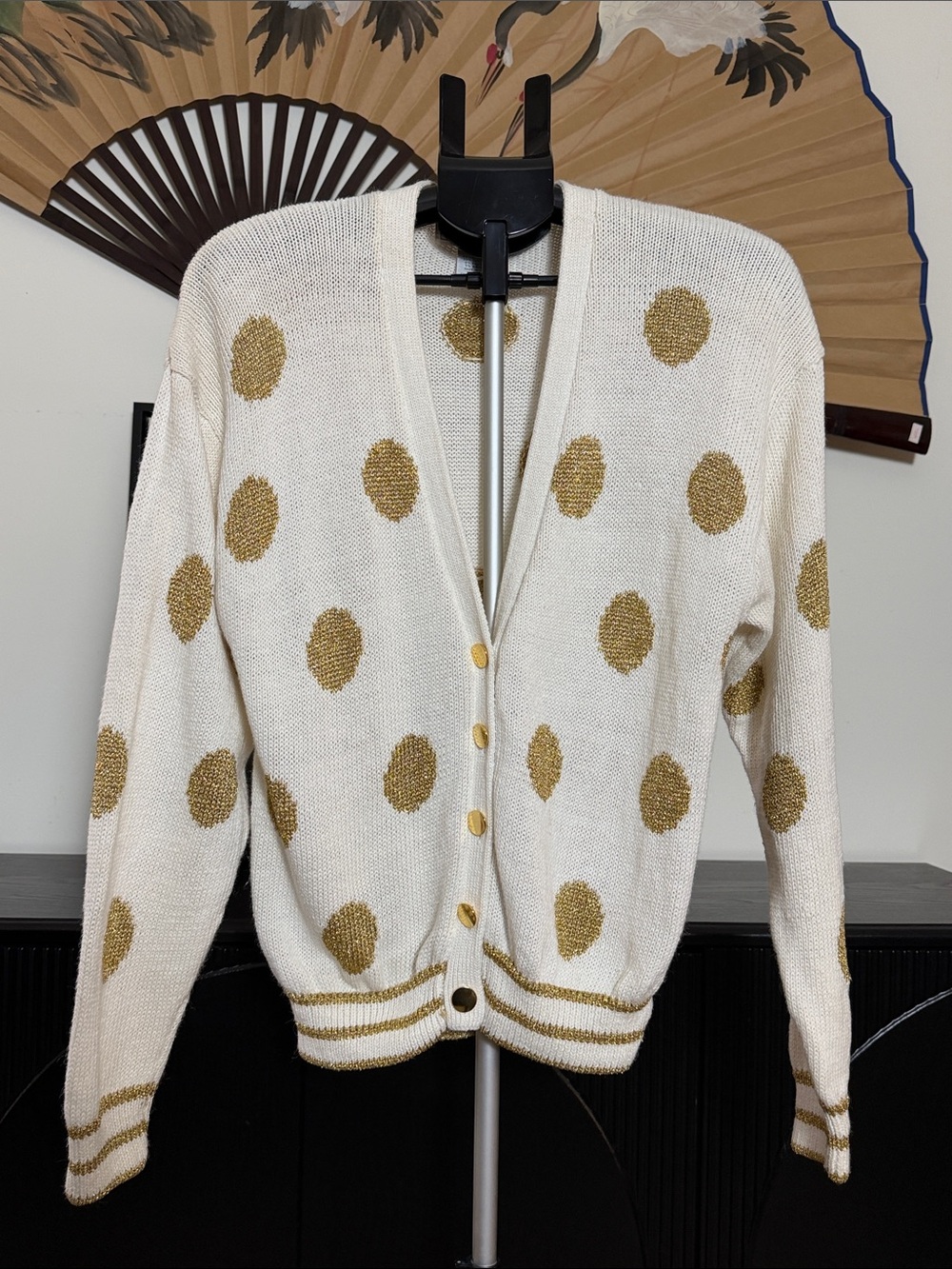 Studio Michelle Stuart Vintage 80’s Cream and Gold Metallic Polka Dot Cardigan